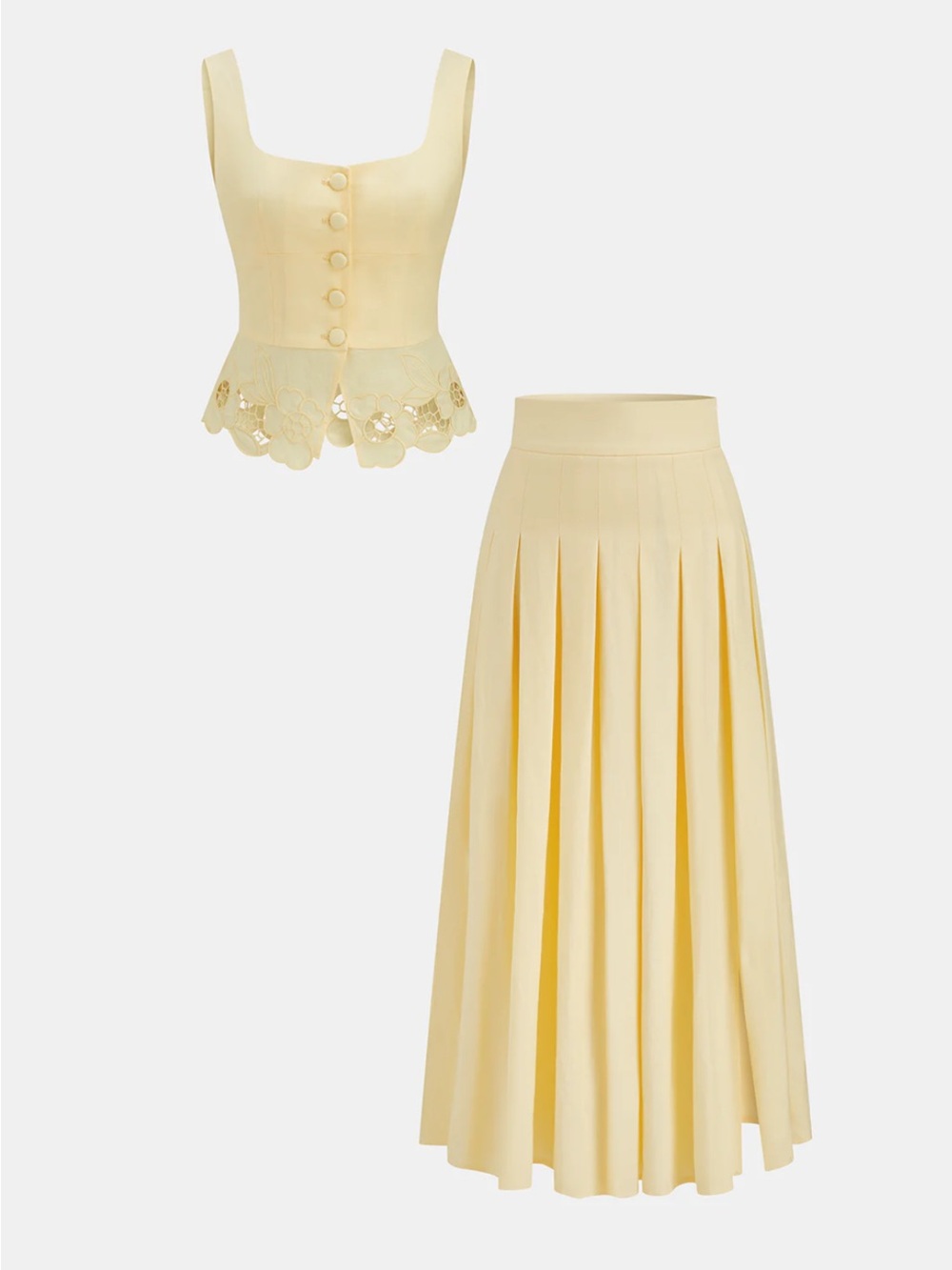 Commense Linen Blend Embroidered Top & Pleated Skirt Set